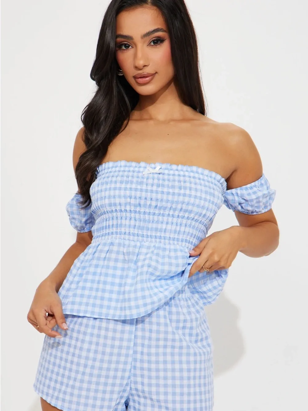 Haute Monde Blue Gingham Off-Shoulder Top & Shorts Set - Picture 2 of 4